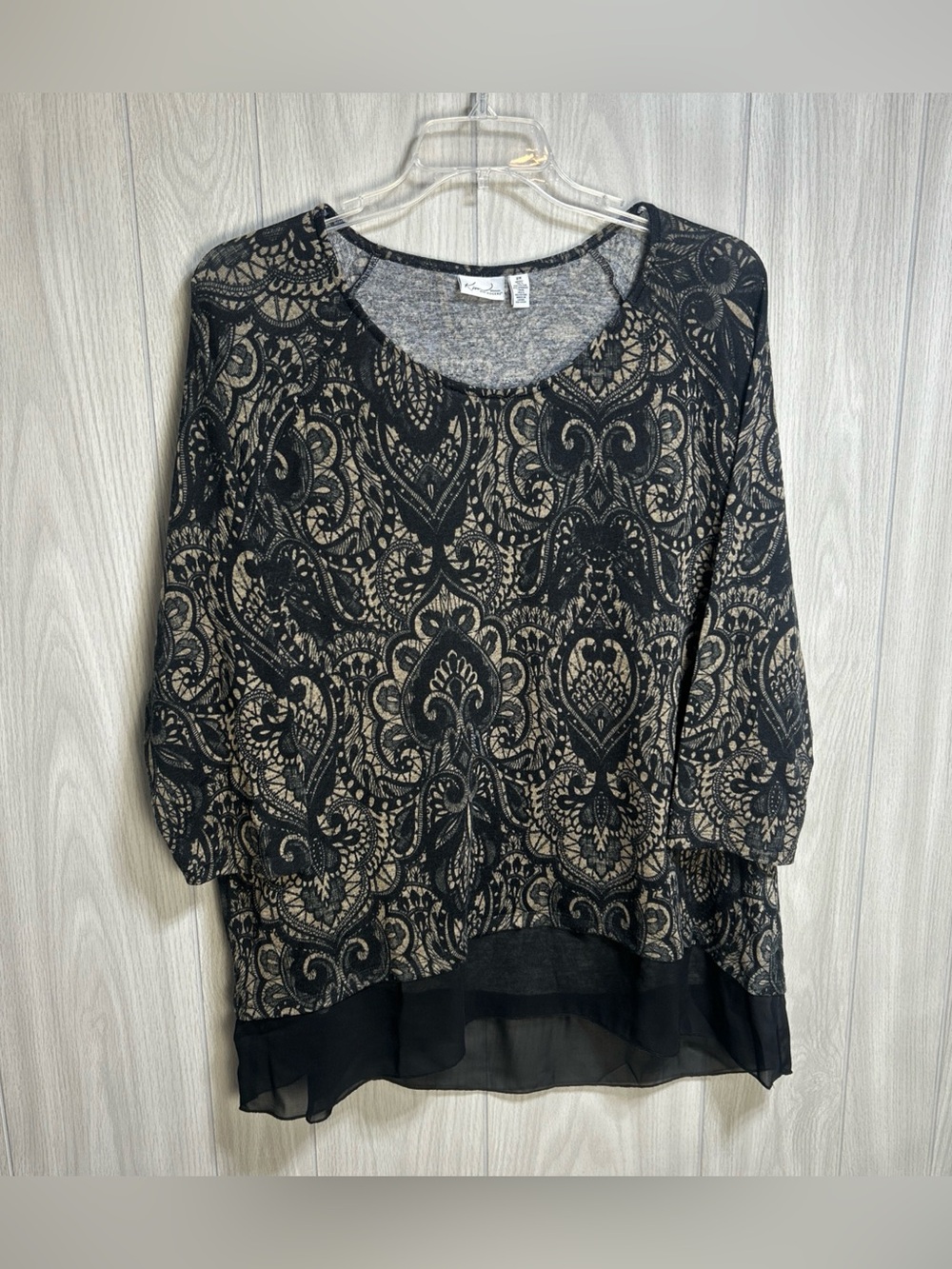 Kim Rogers Paisley Print 3/4 Sleeve Black And Tan Blouse Size 2X